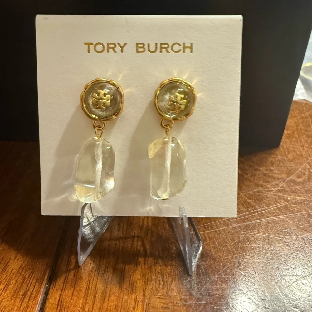 TORY BURCH Roxanne Stone & Logo Drop Earrings NWOT